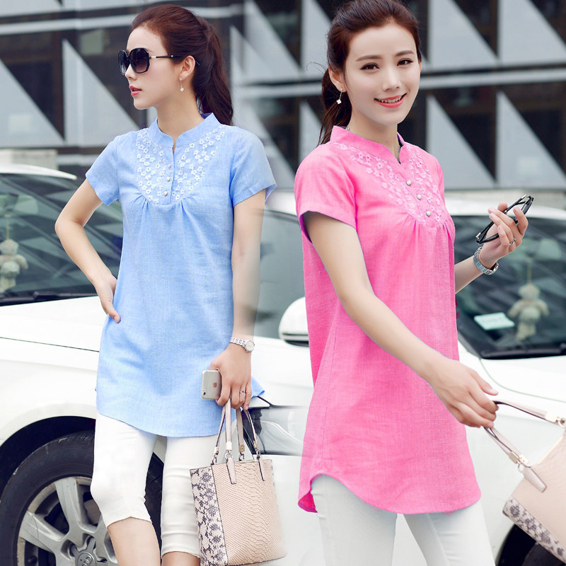 2015夏装新品大码中长款棉麻衬衫女短袖显瘦衬衣小立领亚麻女上衣