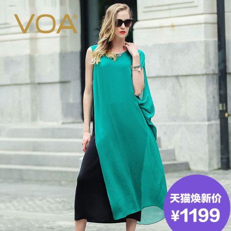 VOA 黑色提花真丝和青碧乔其双层两件套单边短袖连衣裙A5932商品大图