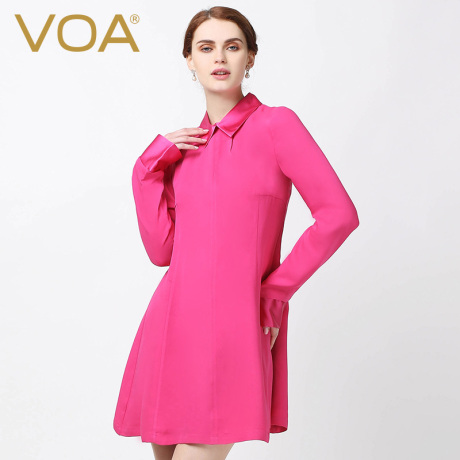 VOA 玫红砂洗皇后呢真丝长袖连衣裙 厚实不易皱 领袖可脱卸A7523商品大图