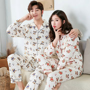 韩国透气复古棉布卡通睡衣，套装女春秋长袖长裤情侣装家居服两件套