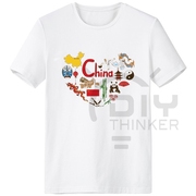 中国插画国庆节男女白色纯棉短袖T恤创意印花卡通纪念衫礼物品