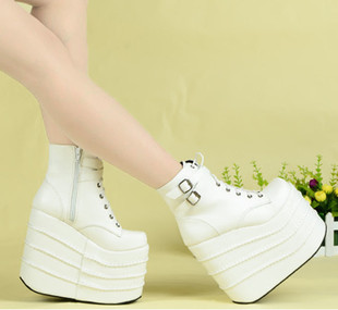 欧美男女靴黑白松糕厚底16cm高跟鞋，防水台坡跟，17cm短靴舞台中靴
