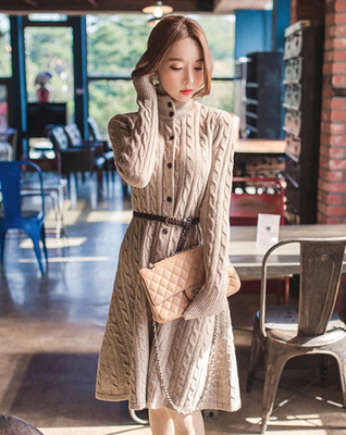 韩国官网代购同款冬修身长款高领麻花长袖针织