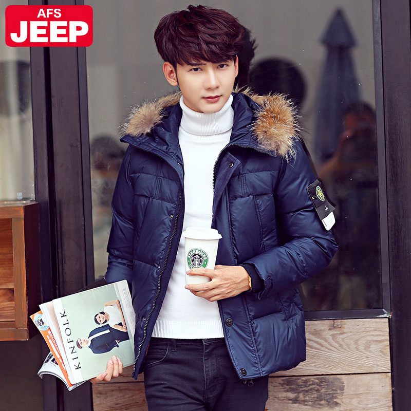 正品打折战地吉普冬季新款男装貉子毛领男士羽