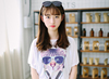 吉胜猫听音乐的猫咪蝙蝠短袖女士宽松型圆领T恤 薄款印花