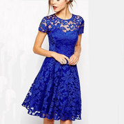 0662欧美气质，时尚圆领短袖蓝色蕾丝，花边连衣裙