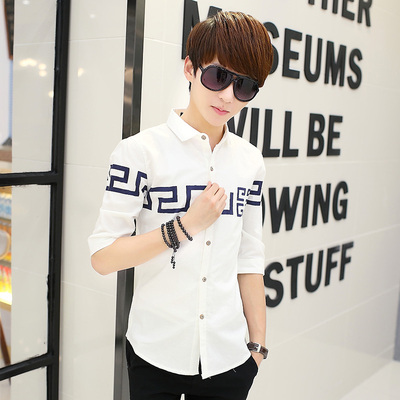 标题优化:男士七分袖衬衫修身纯棉2015夏季青少年韩版休闲方领七分袖衬衣男