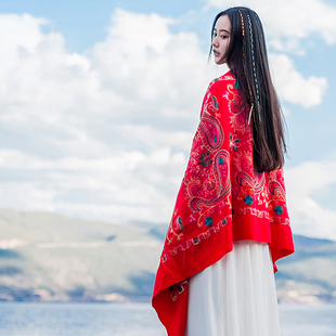 秋冬季西藏尼泊尔刺绣花仿羊绒女大红披肩民族风围巾加厚两用斗篷