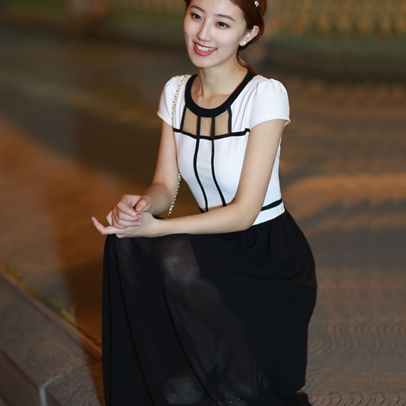 2014夏装新款韩版女装大码雪纺连衣裙夏季裙子黑白淑女气质长裙仙