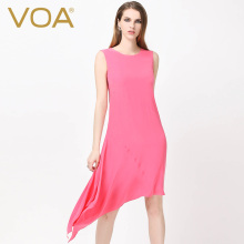 VOA 胭脂色圆领无袖斜线切割双纡绉真丝连衣裙 燕尾下摆A5767图片