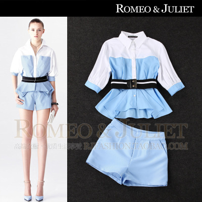 【设计师】2014夏装欧美女装新款 蓝白拼接裙摆衬衣+短裤两件套装