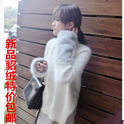 上下架计划:14新款高端定做女士长毛貂绒衫双面袖子貂毛毛衣开叉 圆领套头厚