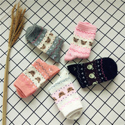 5双装韩版加厚秋冬保暖卡通三只小熊，女士兔羊毛袜可爱中筒袜子