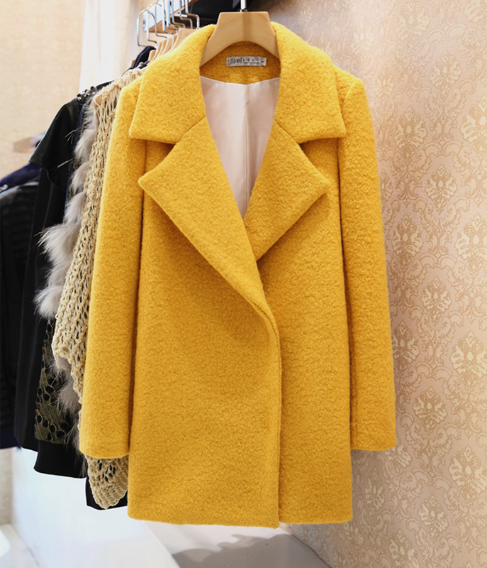 韩国正品2014冬装新款女装 茧型西装领宽松中长款毛呢外套呢大衣