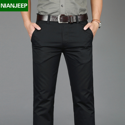 春夏新款男裤NIANJEEP纯棉男裤子宽松商务休闲裤潮流黑色直筒长裤