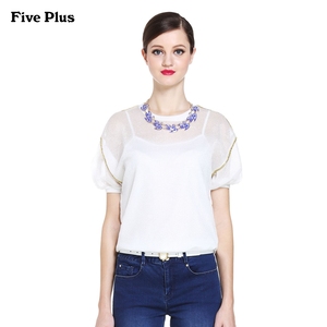 FivePlus新女装潮纯色薄款宽松圆领短袖针织套头衫2151036450