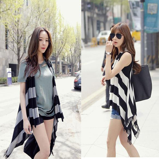 2014秋季 韩版百搭条纹针织<em>流苏开衫</em>中<em>长款马</em>