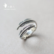 原创设计羽毛s925纯银复古泰银开口可调节时尚，韩版戒指文艺指环女