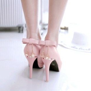 韩版甜美粉色水钻蝴蝶结尖头，细跟高跟鞋女圆头10cm防水台公主单鞋