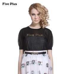 FivePlus新女装棉质字母钉珠宽松短圆领套头针织衫2152031530