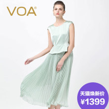 VOA果绿亮面弹力缎真丝乔其拼接盖袖收腰碎褶假两件连衣裙A5716图片
