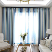 现代北欧简约客厅窗帘定制地中海遮光蓝色条纹卧室飘窗棉麻布成品