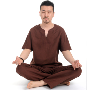中国风亚麻瑜伽服套装男士禅意养生服太极练功服夏季居士打坐练功