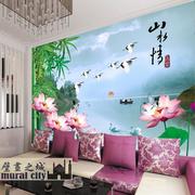 中式水墨荷花仙鹤竹山水情墙纸壁纸酒店电视沙发背景墙大型壁画