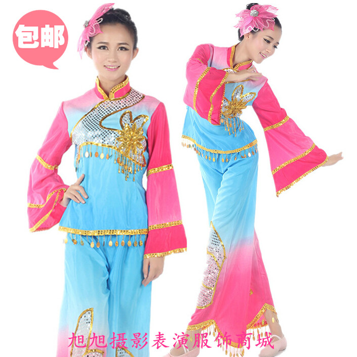 2015春秋新款广场舞羊年吉祥舞蹈腰鼓扇子舞民族女演出服秧歌服装