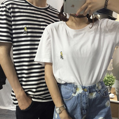 韩版2015夏季女装t恤新款卡通刺绣条纹纯色休闲百搭宽松短袖T恤潮