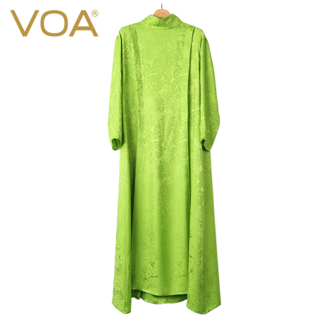 VOA 雅典娜千草绿高领落肩长袖H型直筒真丝连衣裙沙特阿联酋商品大图
