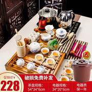 聚森紫砂功夫茶具套装，家用整套陶瓷汝窑，冰裂电热磁炉茶台实木柯