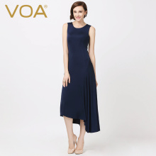 VOA 藏青重磅真丝双面高弹针织圆领无袖修身打底不对称宴会连衣裙图片