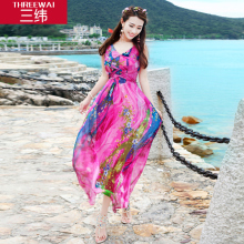 三纬 2019夏季新真丝连衣裙V领印花桑蚕丝真丝长裙 真丝沙滩裙图片