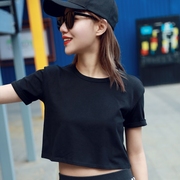 纯棉短款露肚脐t恤女短袖宽松高腰，韩国女装黑色短装性感圆领上衣
