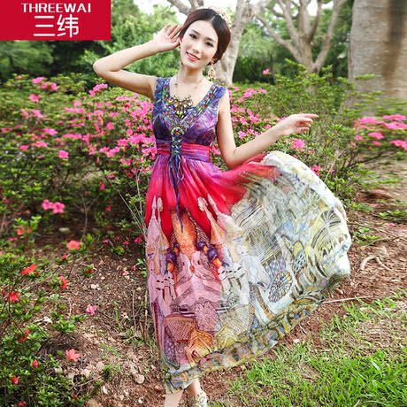 三纬2017夏新款V领波西米亚度假真丝连衣裙印花桑蚕丝长裙女商品大图