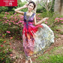 三纬2017夏新款V领波西米亚度假真丝连衣裙印花桑蚕丝长裙女图片