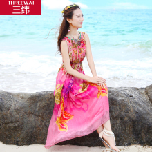 三纬2018夏新款波西米亚度假真丝连衣裙女装圆领印花修身显瘦长裙图片