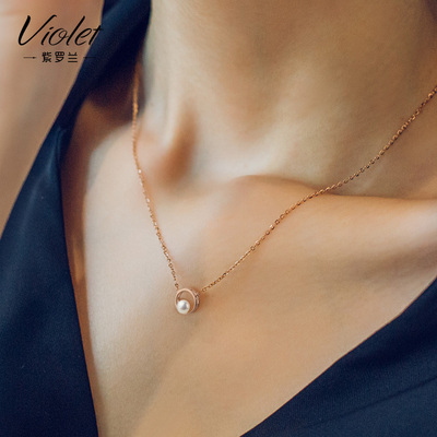 VIOLET/紫罗兰纯银天然珍珠吊坠项链女 韩国气质圆环锁骨链饰品