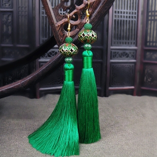 中国风景泰蓝中式耳坠绿色，民族风流苏耳环，长款云南复古风耳饰品女