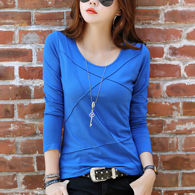 春季修身显瘦大码圆领纯白色棉打底小衫新款韩版长袖t恤女装上衣