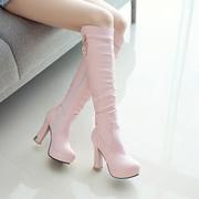 靴子女高筒秋冬中筒长靴，圆头高跟粗跟性感，马丁靴粉色甜美时尚韩版