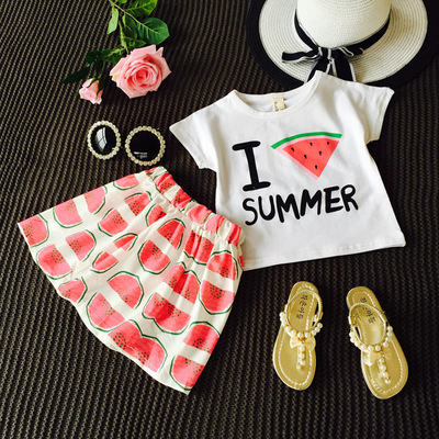 淘气蛋蛋 夏季新款韩版童装两件套 西瓜印花纯棉T恤+可爱伞裙套装