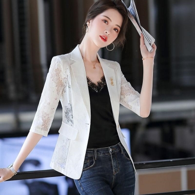 薄款蕾丝西装外套女2020夏季韩版气质修身百搭短款小个子休闲西服