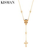 kisman欧美裂纹水晶骷髅头项链，个性男女款，十字架吊坠锁骨链配饰