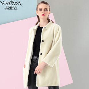 yomomsa白色皮草外套，女中长款羊剪绒大衣，宽松海宁中年羊羔绒皮草