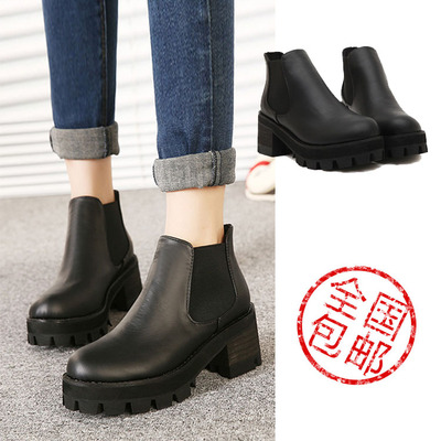 标题优化:包邮2014韩国stylenanda新款黑色粗跟女鞋特价加绒马丁高跟短筒靴
