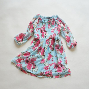 浅蓝色夏季款纱裙 女童个性花朵裙子 圆领长袖雪纺连衣裙