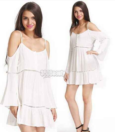 ebay最新热卖款露肩长袖性感吊带拼接花边连衣裙 Q520