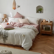 。新日式(新日式)简约素色双拼，水洗棉床单四件套纯色纯棉被套床笠单人三件